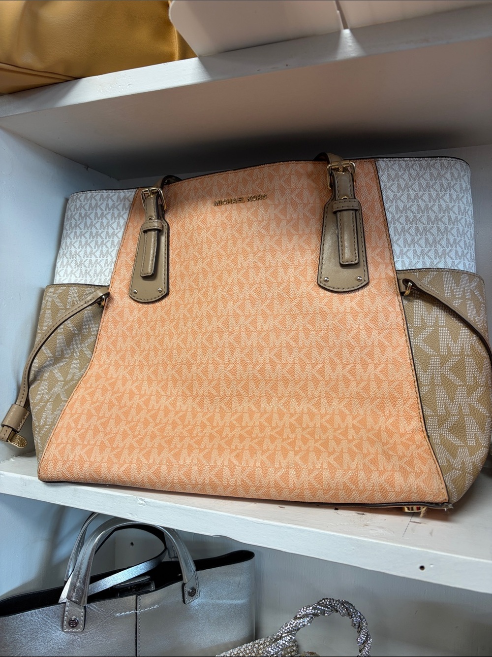 Michael Kors Peach and Tan Signature Tote 12DTQA